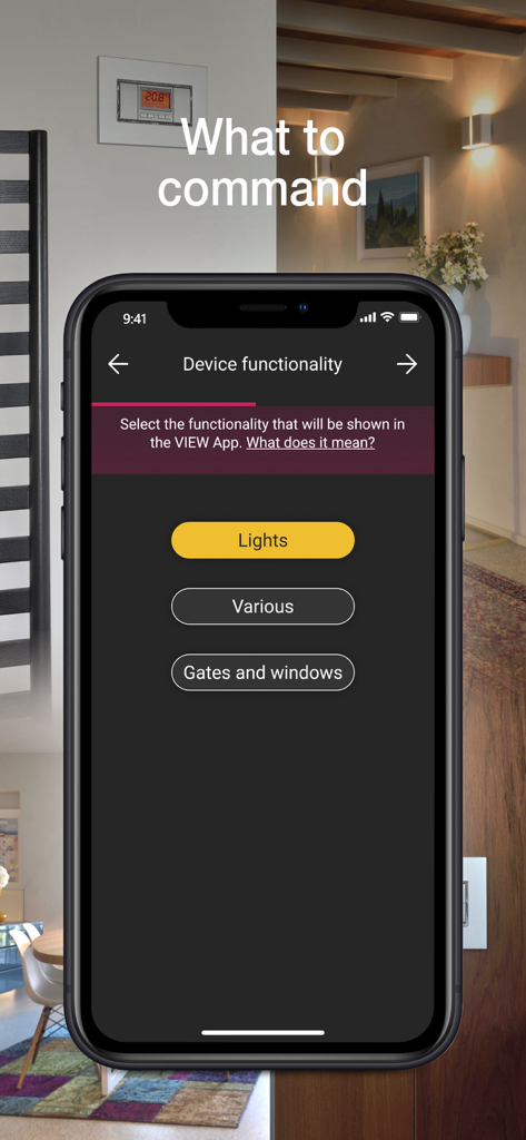 Interfaccia dell'app Vimar VIEW Wireless che mostra la configurazione delle funzionalità dei dispositivi per luci e cancelli.