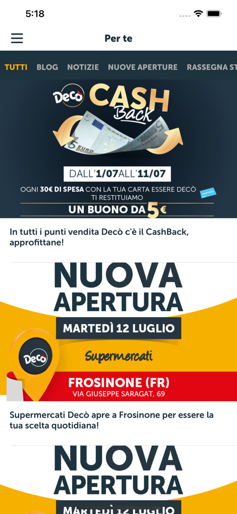 Decò Multicedi - Decò Multicedi app screen displaying a cashback promotion and a new supermarket opening announcement in Frosinone.