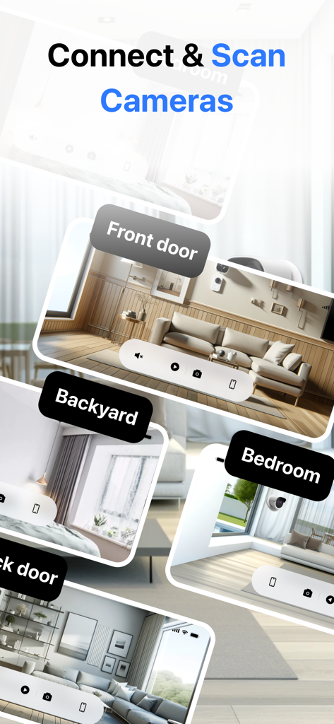 Cam Detector App：Home Security - Cam Detectorアプリのインターフェースに、玄関や裏庭などの複数のホームセキュリティカメラフィードが表示されている様子