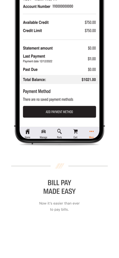 AutoZonePro Mobile app screen showing commercial account balance, credit limit, and payment options for professional automotive shops.