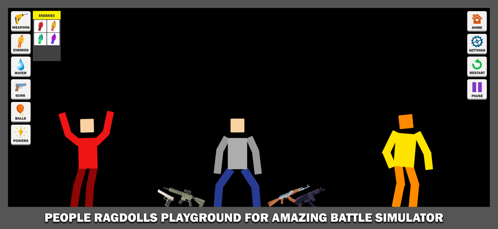 Ragdoll Simulator - Pantalla de juego de Ragdoll Simulator con personajes de bloques y menús de selección de armas