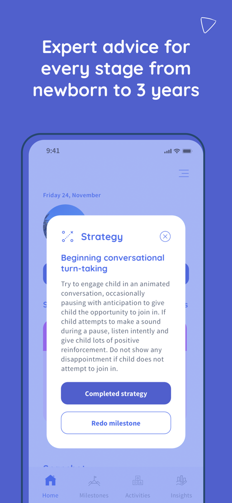 Baby Milestones & Development - Captura de tela do aplicativo Alo mostrando uma estratégia de desenvolvimento para conversação e troca de turnos do bebê