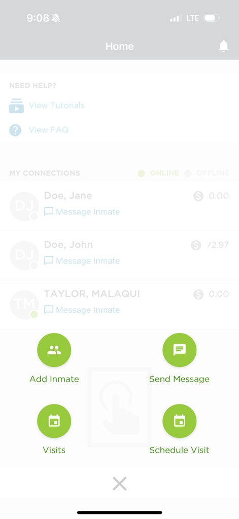 HomeWAV - Panel de HomeWAV que muestra las conexiones de reclusos, los saldos de las cuentas y las funciones de visita.