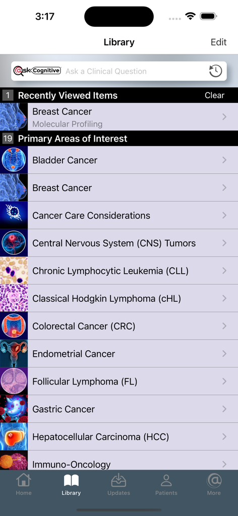 Library interface of the Hem Onc app featuring clinical oncology topics and a search bar