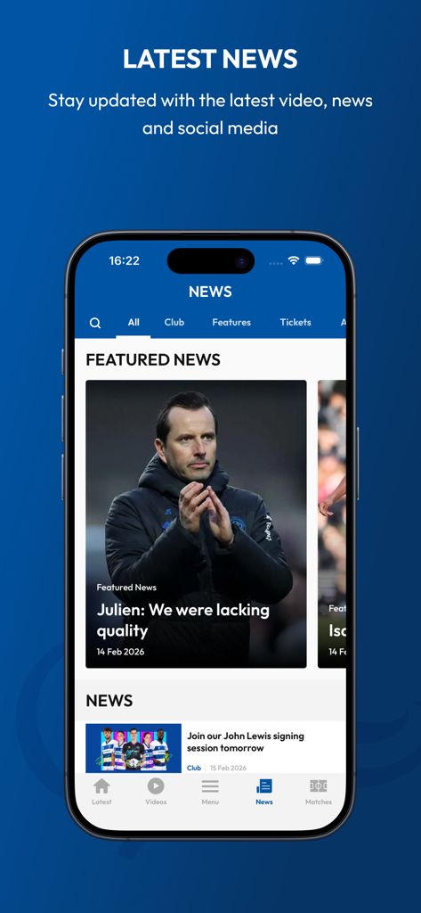 QPR FC公式モバイルアプリの最新ニュース画面には、クラブの記事やアップデートが表示されています