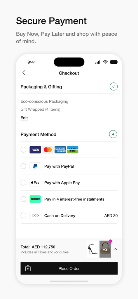 Bloomingdale’s Middle East - ブルーミングデール 中東アプリのチェックアウト画面。安全な支払いオプションと後払い機能を表示。