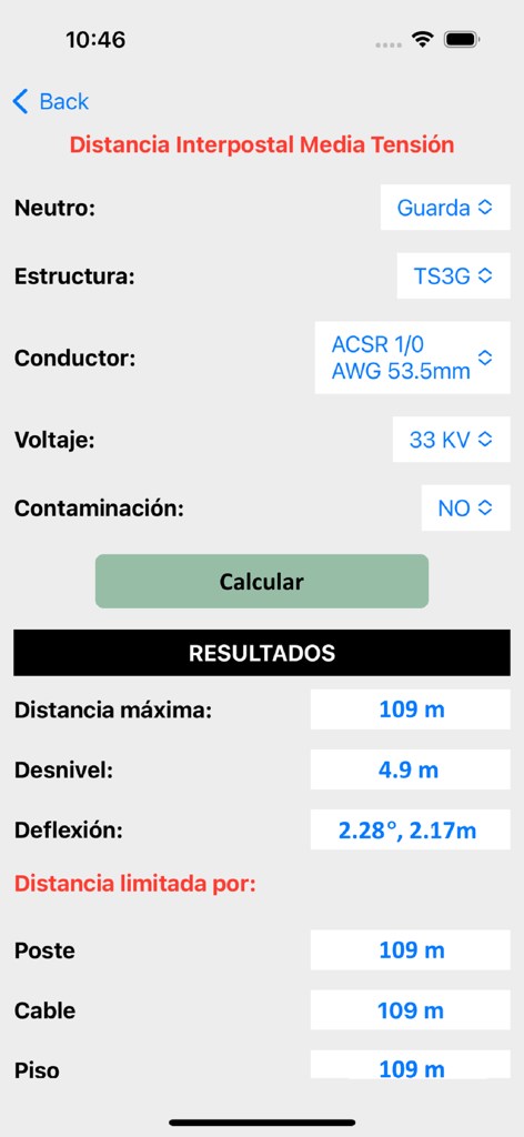 Linea Eléctrica Aérea - Calculateur de distance interpostale pour moyenne tension dans l'application Linea Electrica Aerea