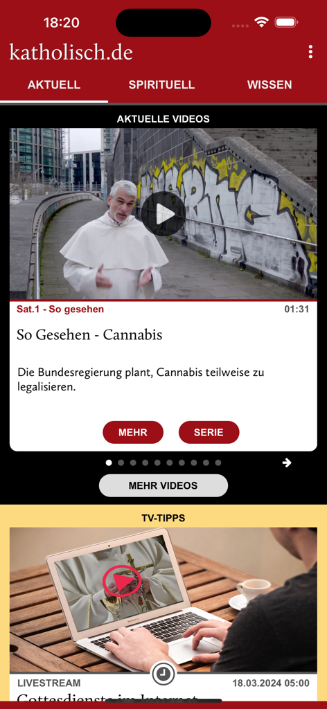 katholisch.de - Captura de tela da seção de notícias do aplicativo katholisch.de mostrando vídeos atuais e dicas de TV, incluindo um segmento sobre a legalização da cannabis.