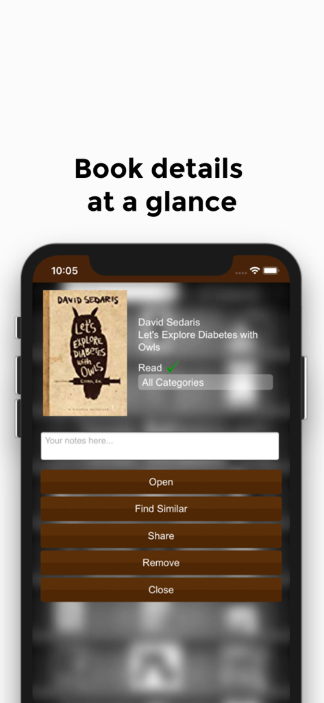 My Book List - Library Manager - A mobile app screenshot showing details of a book including author name, title, and options to open, find similar books, and share.