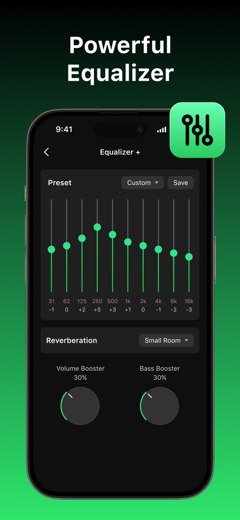 Offline Music & MP3 Player - Interfaccia mobile che mostra un potente equalizzatore con controlli di potenziamento dei bassi e del volume per l'app Offline Music.