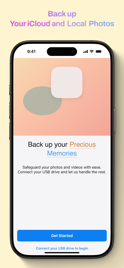 BackiGo - BackiGo 앱 온보딩 화면, iCloud 및 로컬 사진을 USB 드라이브에 백업하는 옵션 표시