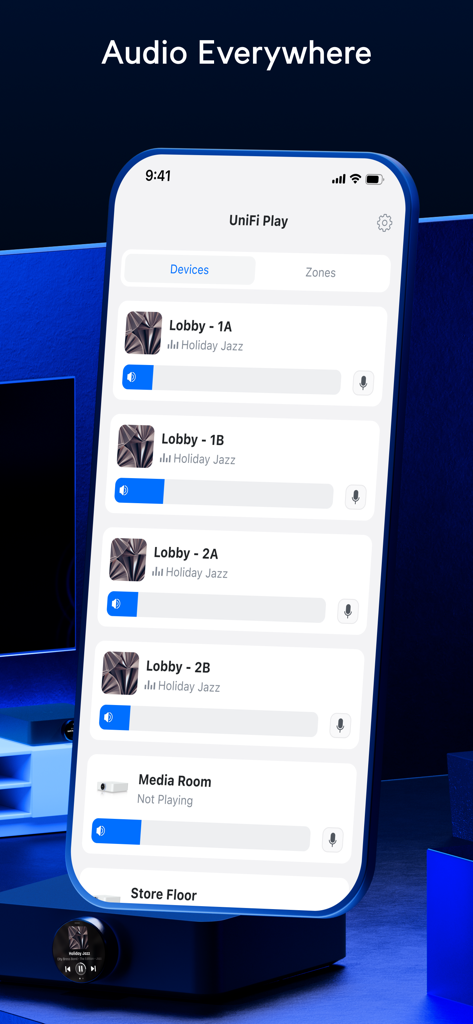 UniFi Play 앱 인터페이스, 다양한 구역에 대한 멀티룸 오디오 장치 관리 및 볼륨 제어 표시