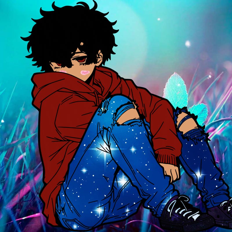 a male hoddie ripped jeans messy hair anime