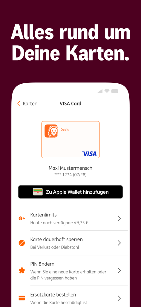 ING Deutschland app interface for managing VISA debit cards with options for Apple Wallet integration and card security settings