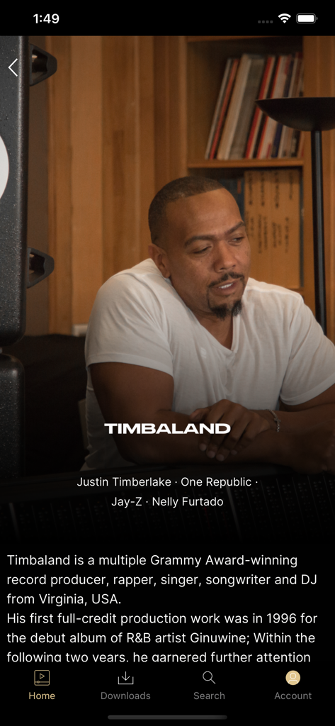 Page de profil du producteur Timbaland sur l'application Mix With The Masters