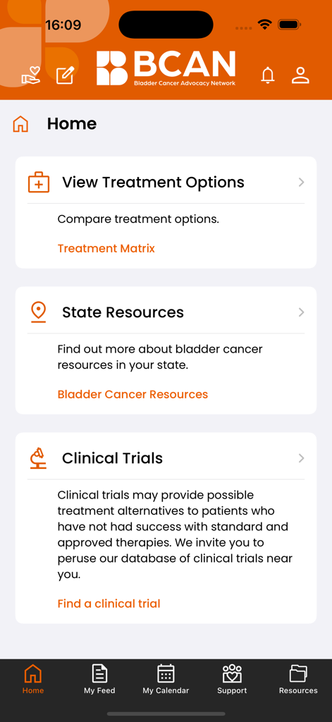 BCAN Bladder Cancer App - BCAN app home screen showing bladder cancer treatment options and clinical trial resources
