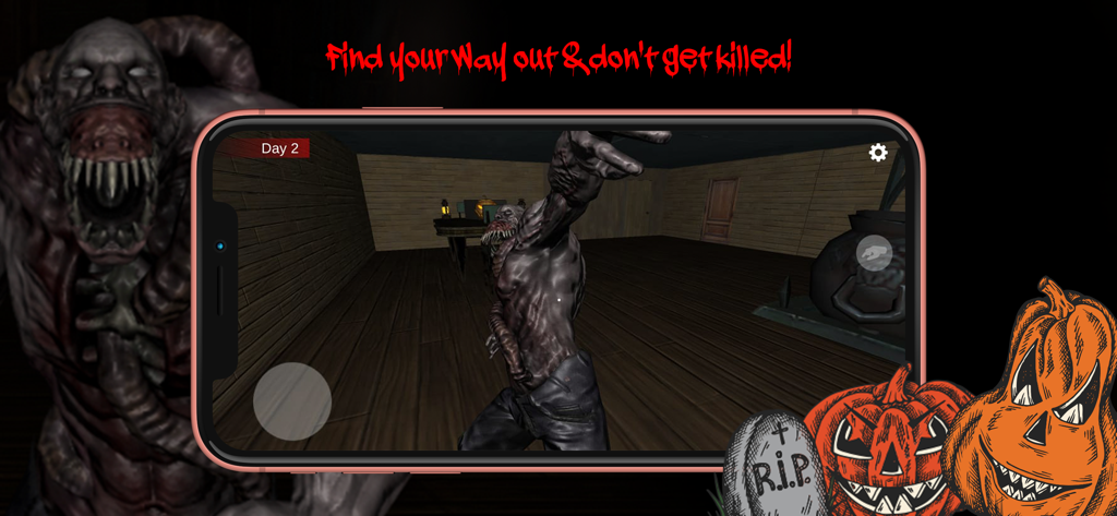 Granny Horror: Two Chapters #1 - Gameplay de Granny Horror mostrando um monstro assustador em uma sala com abóboras de Halloween