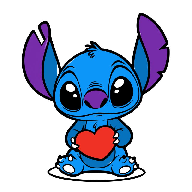 stitch from leo and stitch holding a heart. make stitch look very cute.