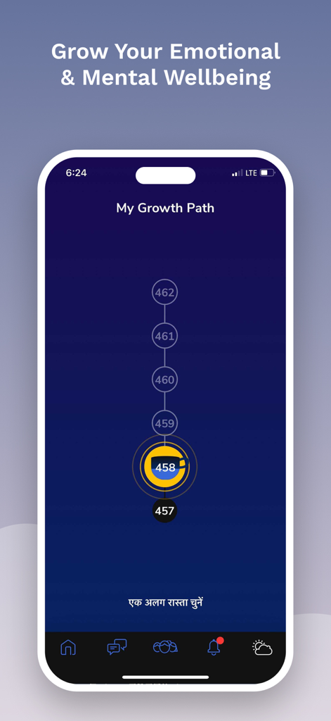 7 Cups: Online Therapy & Chat - Interface do aplicativo 7 Cups mostrando o recurso Meu Caminho de Crescimento com um rastreador de progresso vertical para bem-estar mental.