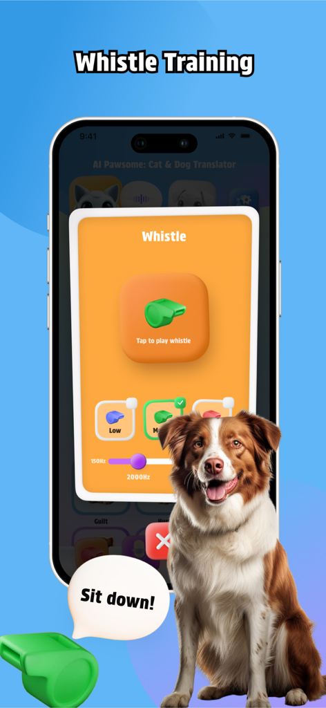 AI Pawsome: CatDog Translator - Tela do smartphone exibindo o recurso de treinamento de apito para cães do aplicativo AI Pawsome com controles de frequência