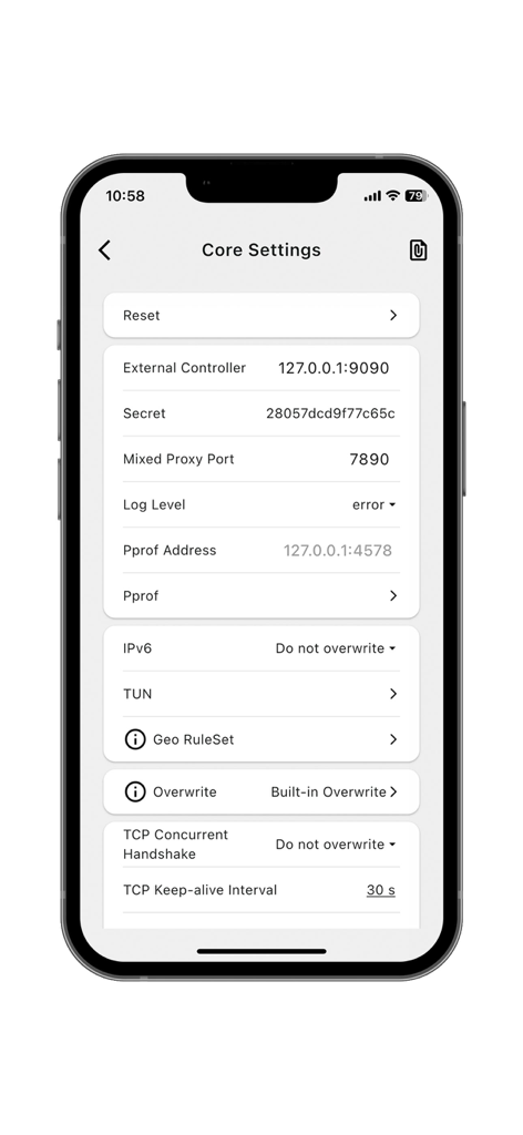 Clash Mi - Schermata delle impostazioni principali dell'app Clash Mi che mostra i dettagli della configurazione di rete