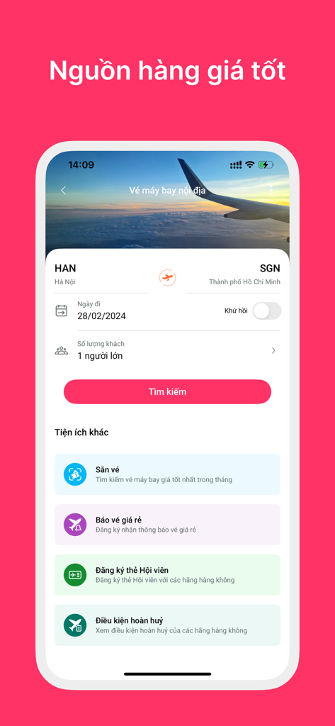 myPartner by Mytour - 마이트립(Mytour) myPartner 모바일 앱의 스크린샷으로, 베트남 여행 국내선 항공편 검색 인터페이스를 보여줍니다.