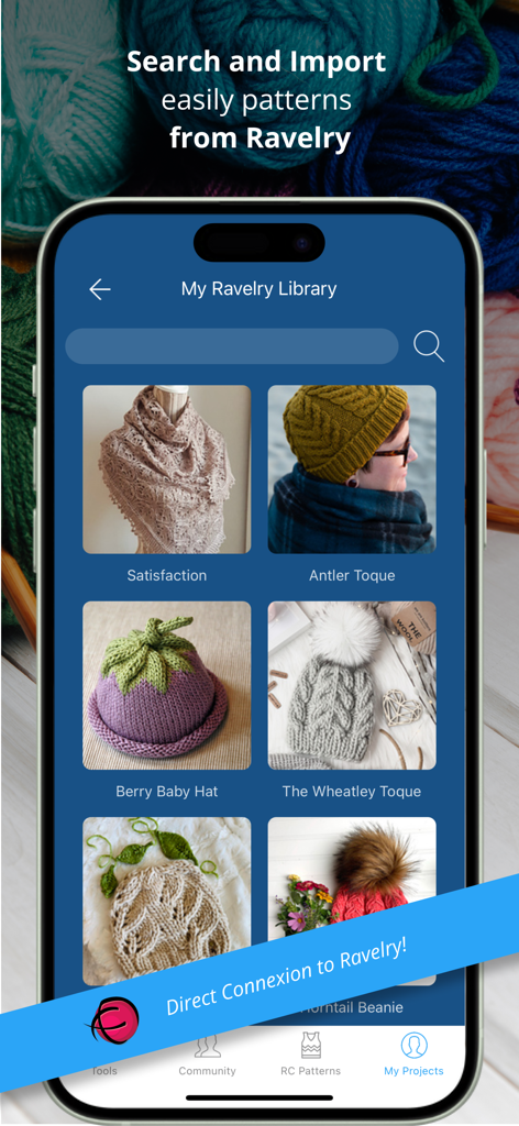 My Row Counter, Knit & Crochet - Mobile app screen showing a library of knitting and crochet patterns imported from Ravelry.