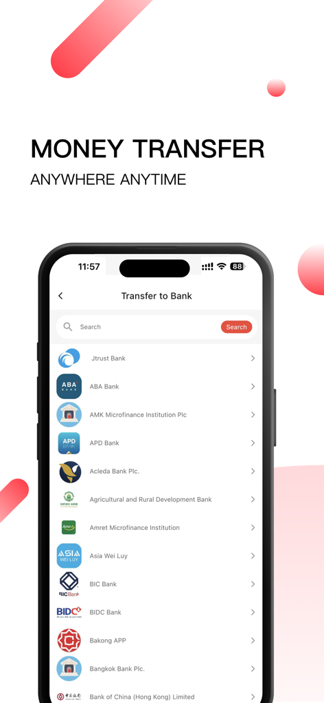 U-Pay - Pantalla de la aplicación móvil U-Pay que muestra la opción de transferencia bancaria con una lista de varios bancos para elegir.
