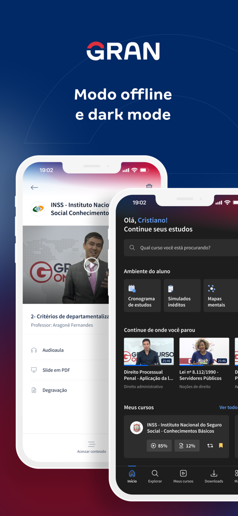 Gran Cursos Online - Interface do app Gran Cursos Online mostrando videoaulas e painel do aluno no modo escuro