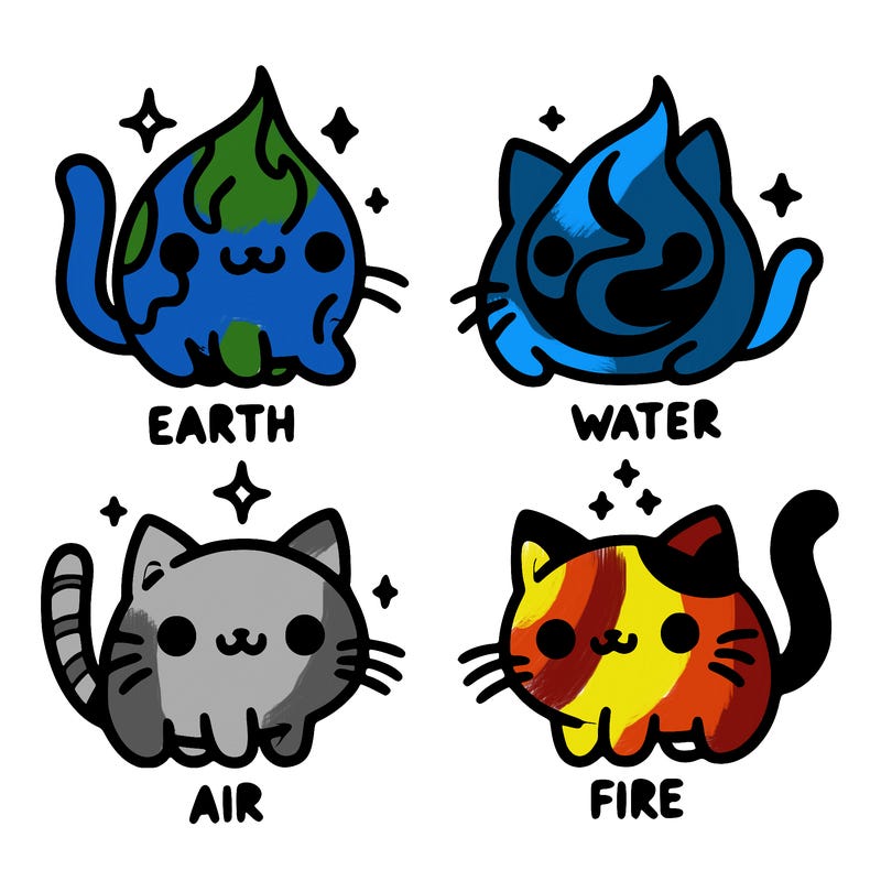 4 cats that represent the different elements, earth, water, air, and fire