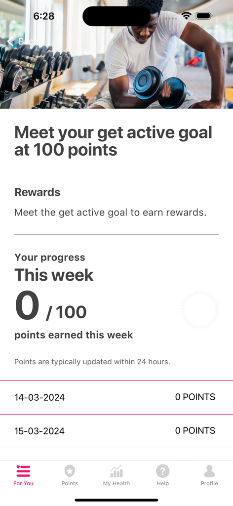 Interface de l'application Vitality Africa montrant la progression des objectifs de remise en forme hebdomadaires et le suivi des récompenses.