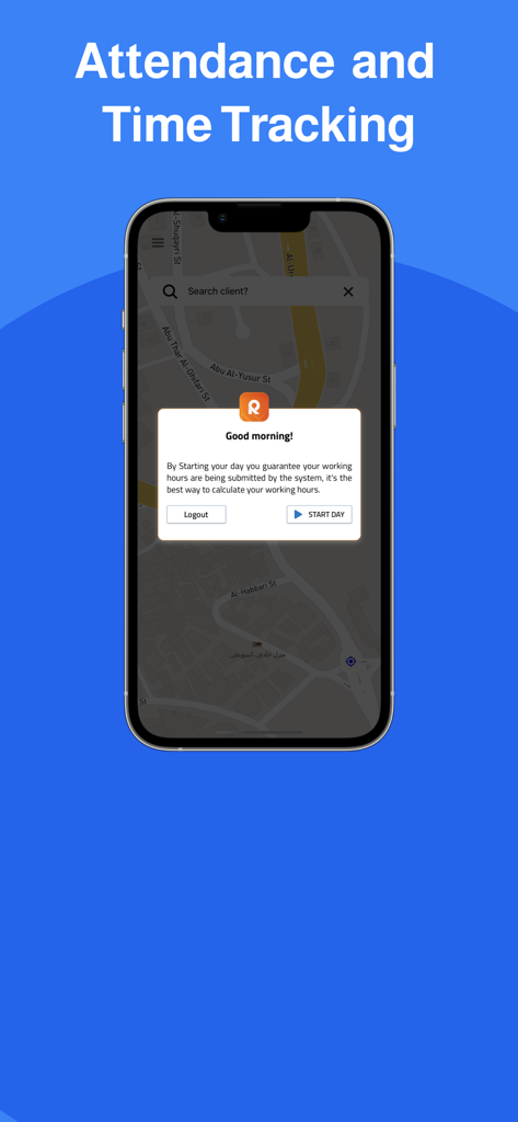 Repzo Pro - Repzo Pro app interface showing attendance and time tracking with a start day prompt on a map background