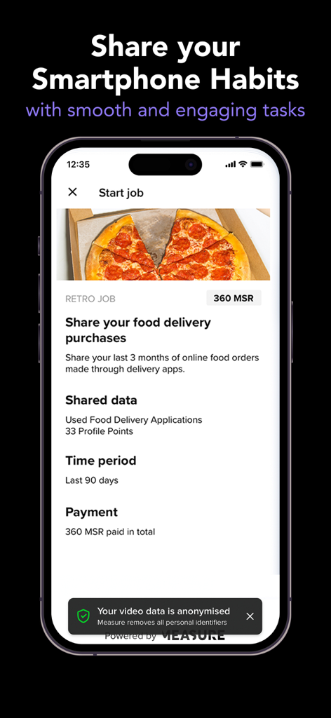 Pantalla de teléfono móvil mostrando la app MSR con una tarea para compartir historial de compras de entrega de comida por puntos