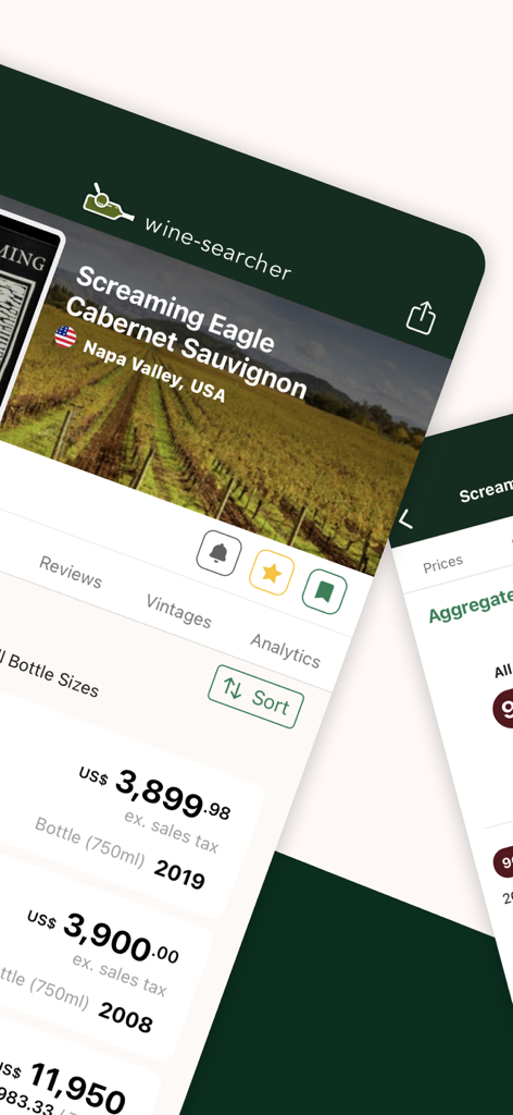 Wine-Searcher - Wine-Searcher app showing prices and vintage details for Screaming Eagle Cabernet Sauvignon