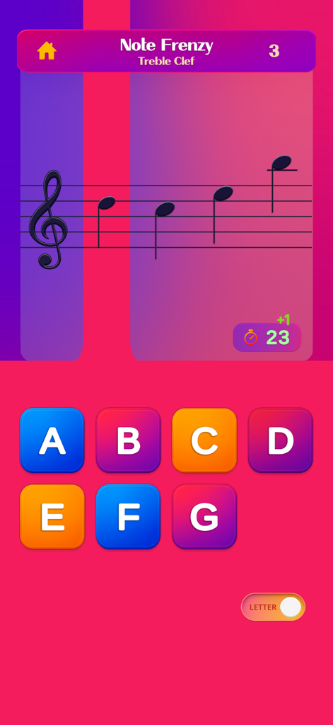 Note Trainer - Gameplay screen of Note Trainer app showing a treble clef and colorful letter buttons for note identification