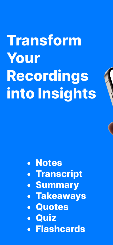 AI Note Taker Lecture Recorder - Screenshot of VocaNote app showing how it transforms recordings into notes, transcripts, summaries, quizzes, and flashcards.