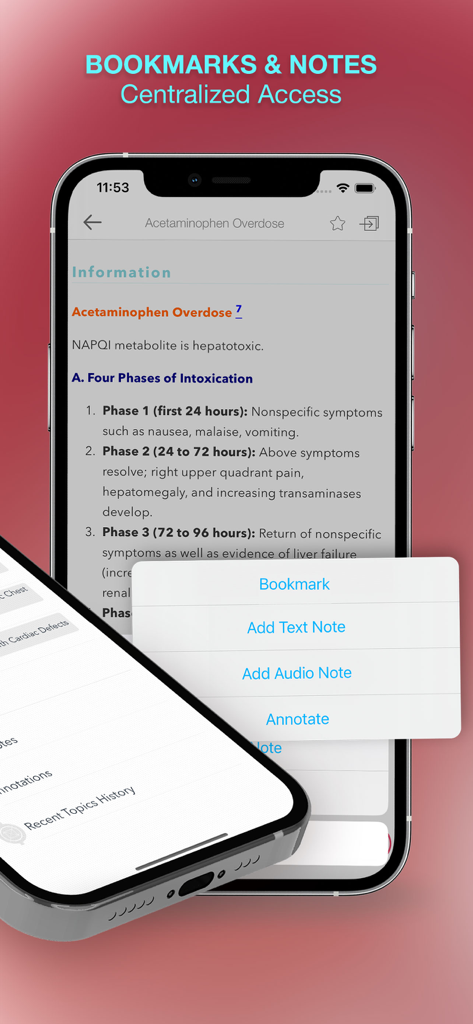 Harriet Lane Handbook app screen showing clinical content for acetaminophen overdose with a menu to add bookmarks and notes.