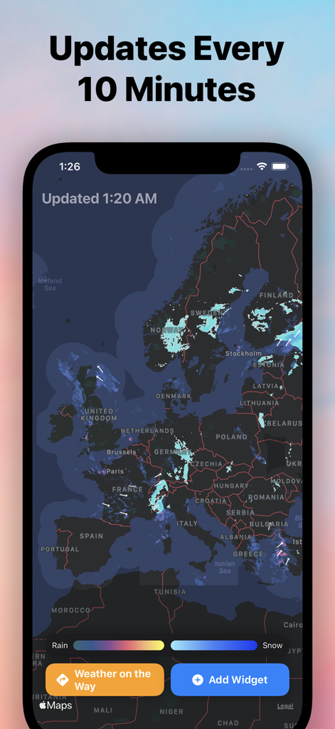 Interfaz de la aplicación Widget de Radar Meteorológico que muestra un mapa de radar de lluvia y nieve en tiempo real de Europa en un iPhone.