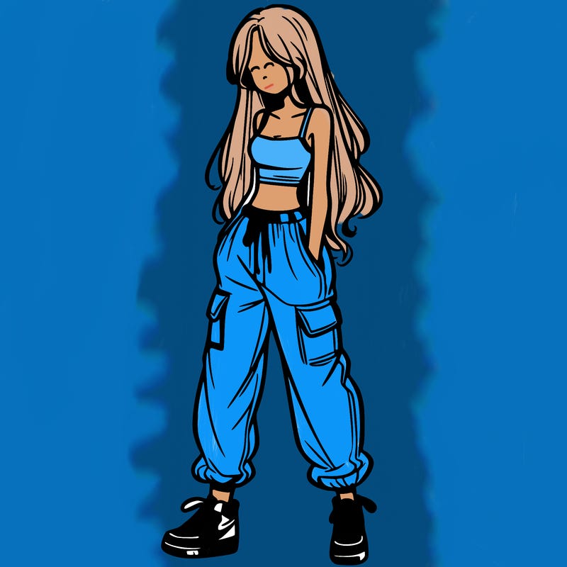 girl in baggy pants crop top and long hair