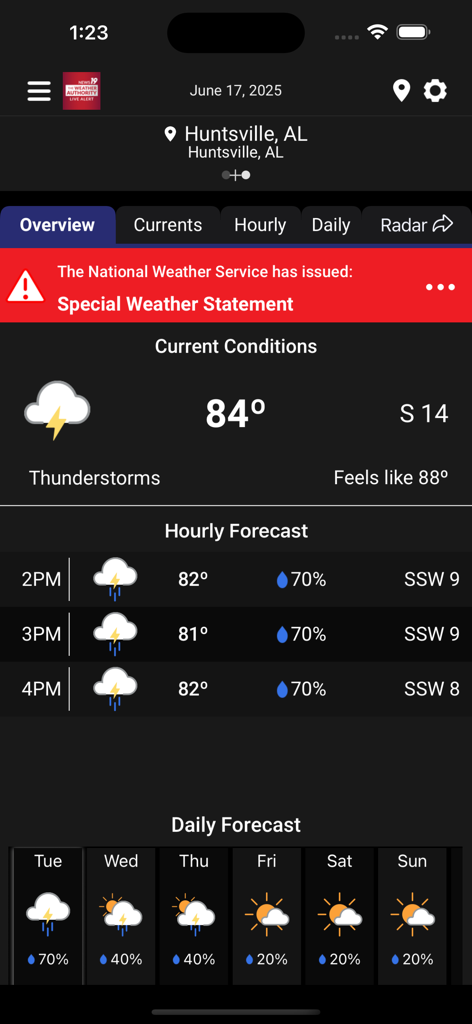 WHNT Live Alert 19 - Aplicación meteorológica WHNT Live Alert 19 que muestra el pronóstico de Huntsville Alabama y alertas de clima severo