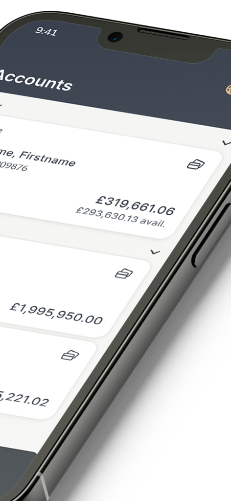 The Investec UK app interface showing multiple high value account balances in British Pounds