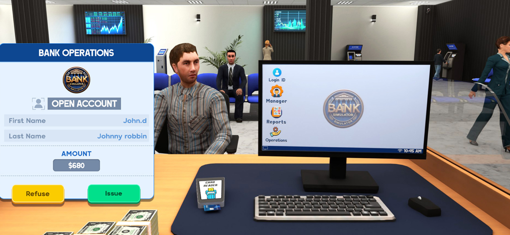 Bank Simulator Money Business - A first-person view of a bank teller desk opening a customer account in Bank Simulator