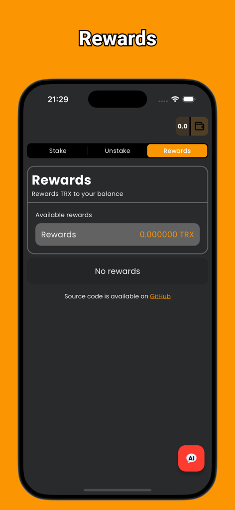 Stake Tron app interface showing the rewards tab with zero TRX available rewards