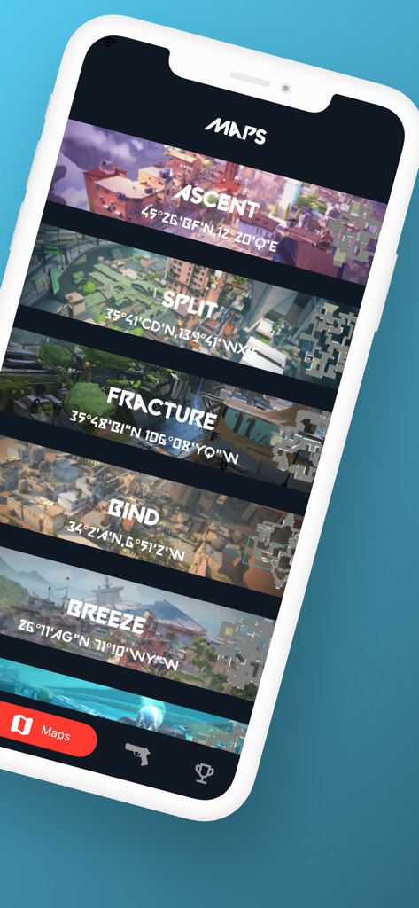 Handbook for Valorant - Mobile app screen displaying a list of Valorant maps including Ascent and Split