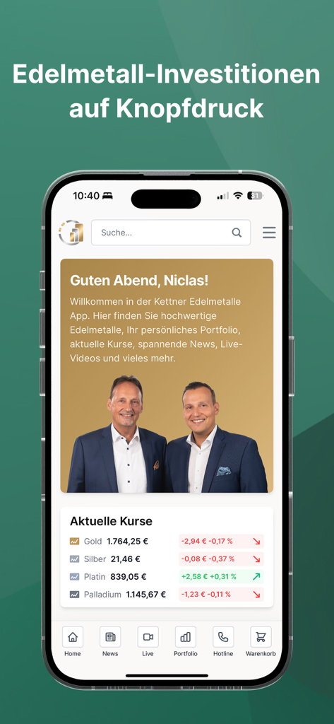 Kettner Edelmetalle App - Kettner Edelmetalle App Startbildschirm mit Live-Preisen für Gold, Silber, Platin und Palladium