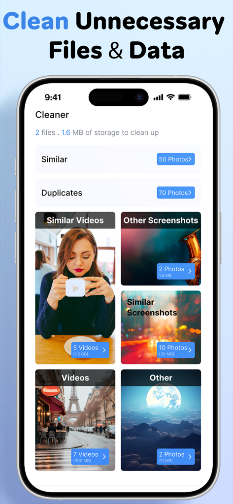 Phone cleaner + Photo cleaner - Interfaccia dell'app di pulizia del telefono che mostra categorie per pulire file e dati non necessari, incluse foto e video simili