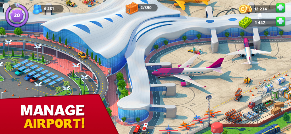 Global City: Building games - Modern airport terminal with airplanes and logistics vehicles in Global City simulator