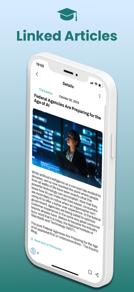 Smartphone exibindo um artigo de notícias vinculado sobre IA no aplicativo Techfusion News and Reviews
