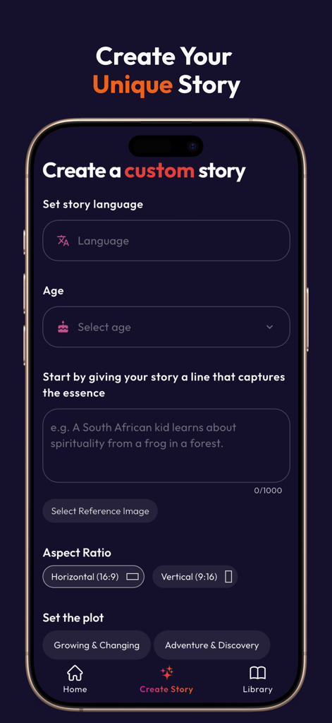Interface para criar uma história personalizada com IA no aplicativo Laila com configurações de idioma, idade e temas da trama.