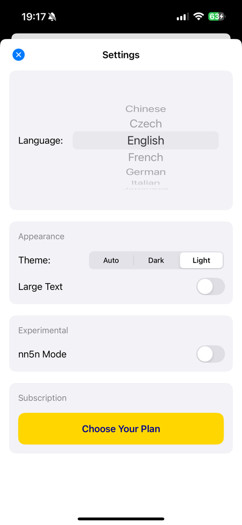 SCP Foundation Archive nn5n - Settings interface of the SCP Foundation Archive app featuring language selection, appearance themes, and subscription options.